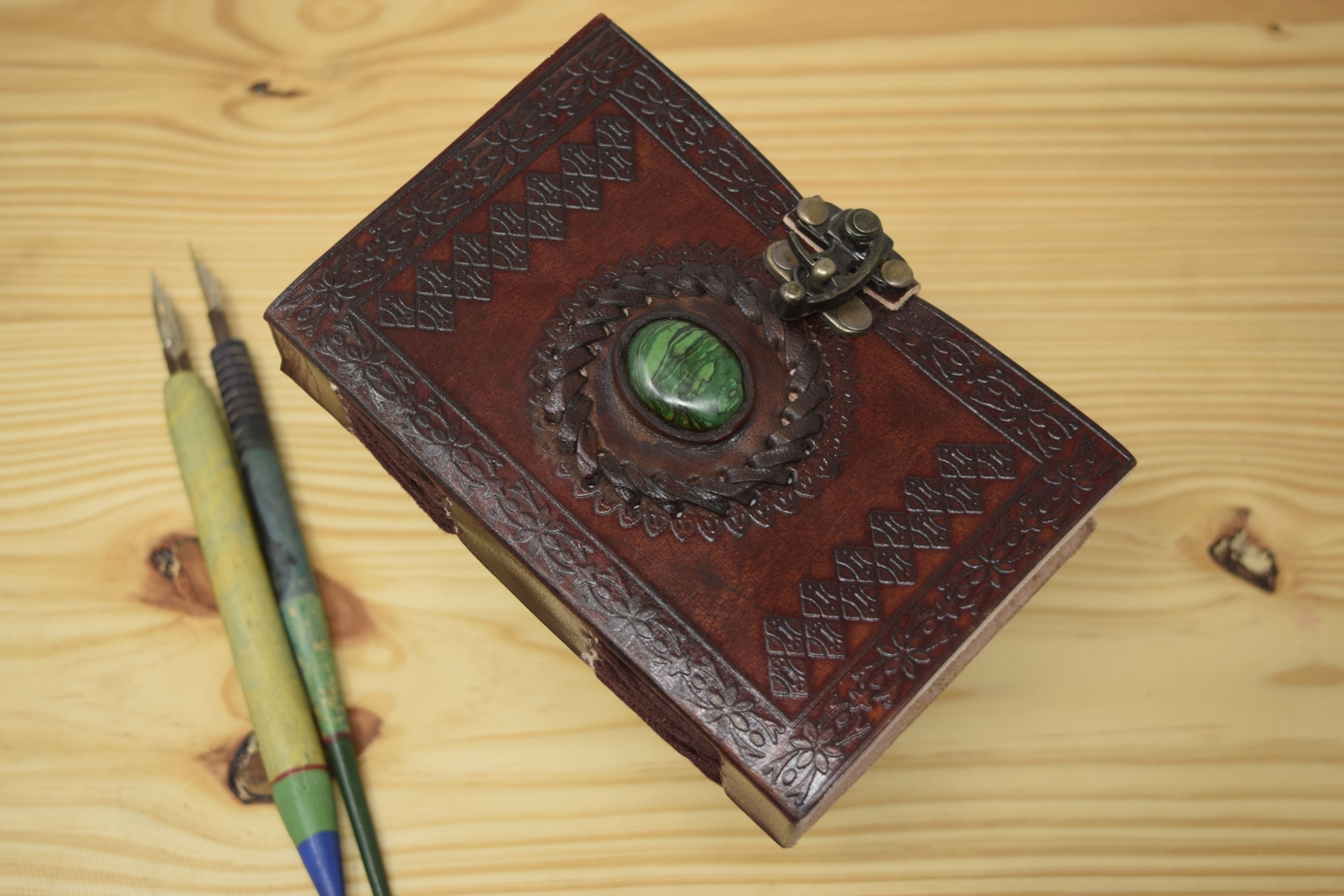 handmade goat leather diary - Green center stone