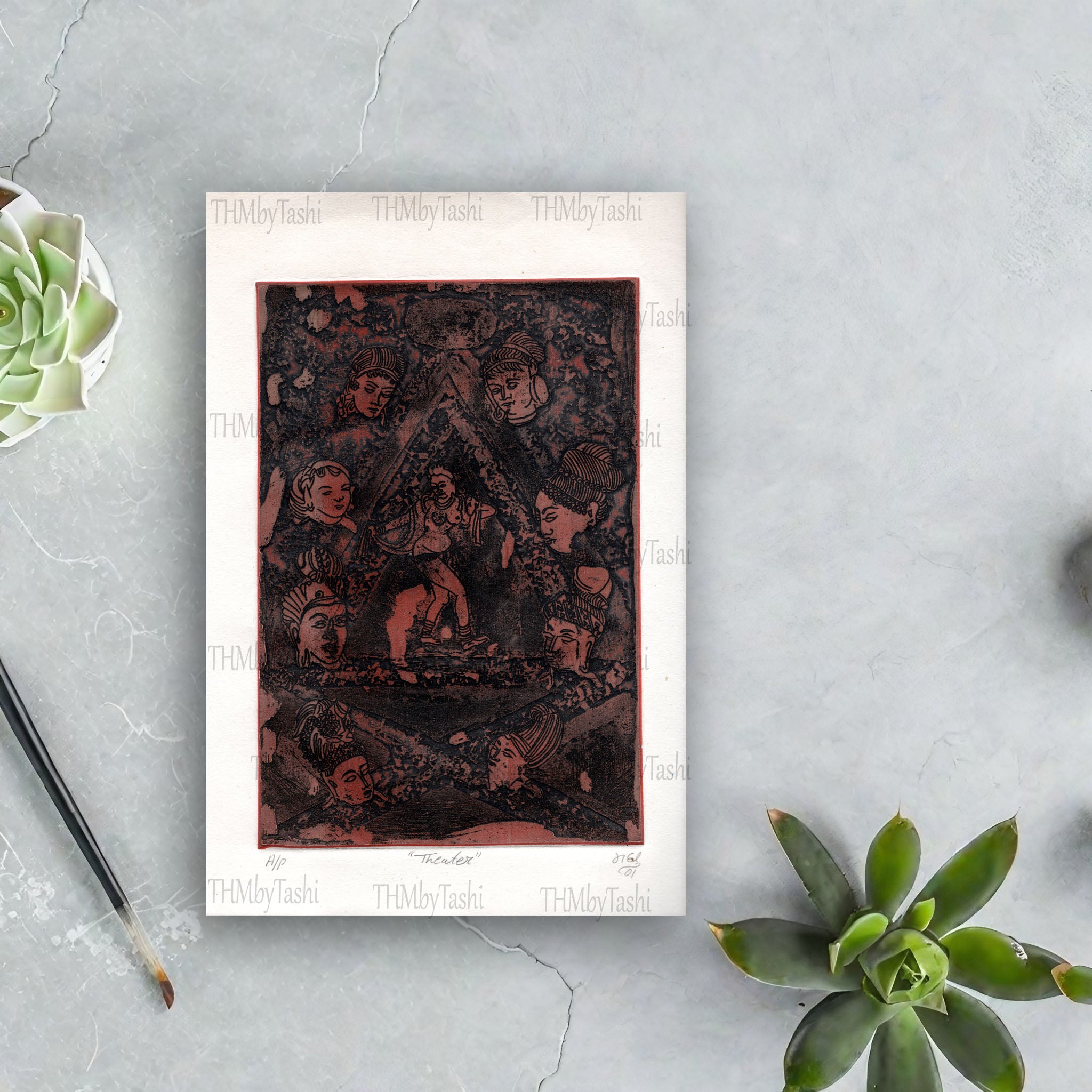 Vintage “Theater” Art Print by Madhukant (2001) - Etching & Aquatint Masterpiece