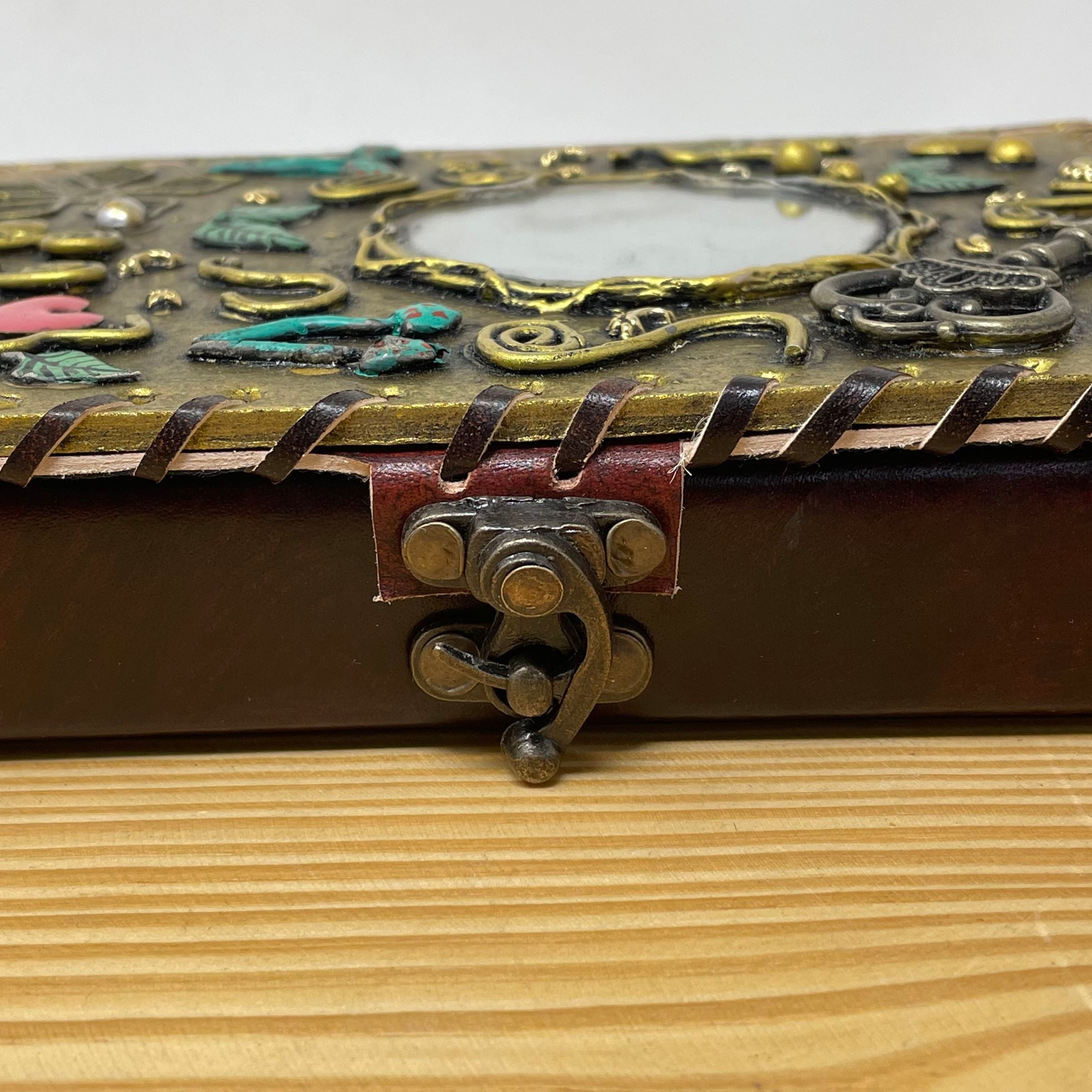 Artisan Handmade Leather Journal with Crafted Embellishments and Mirror - Customized Design with Decal Paper Inside