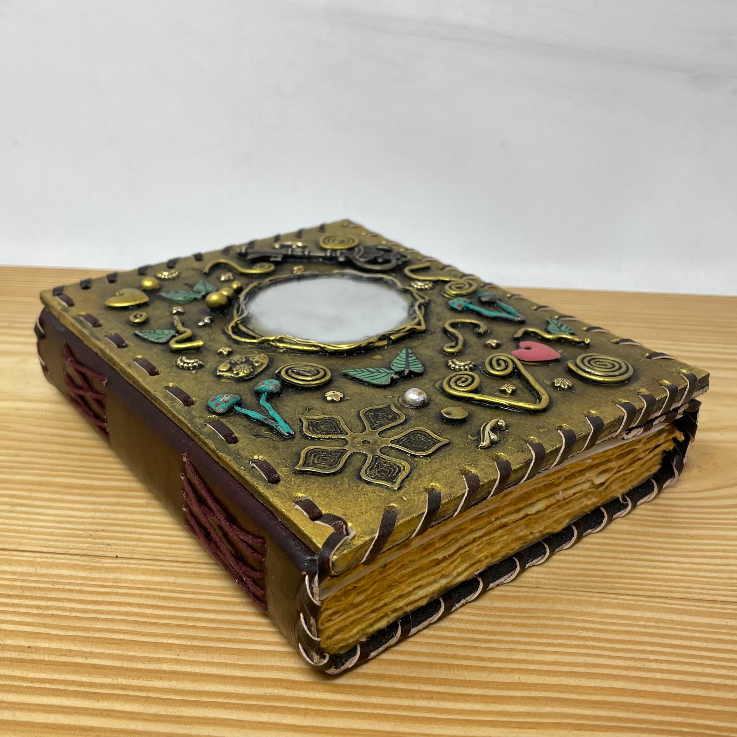 Artisan Handmade Leather Journal with Crafted Embellishments and Mirror - Customized Design with Decal Paper Inside